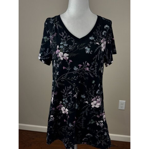NEW LuLaRoe Womens Knit Tunic Top S Short Sleeve Pink Black Floral Scoop Neck - Picture 3 of 6